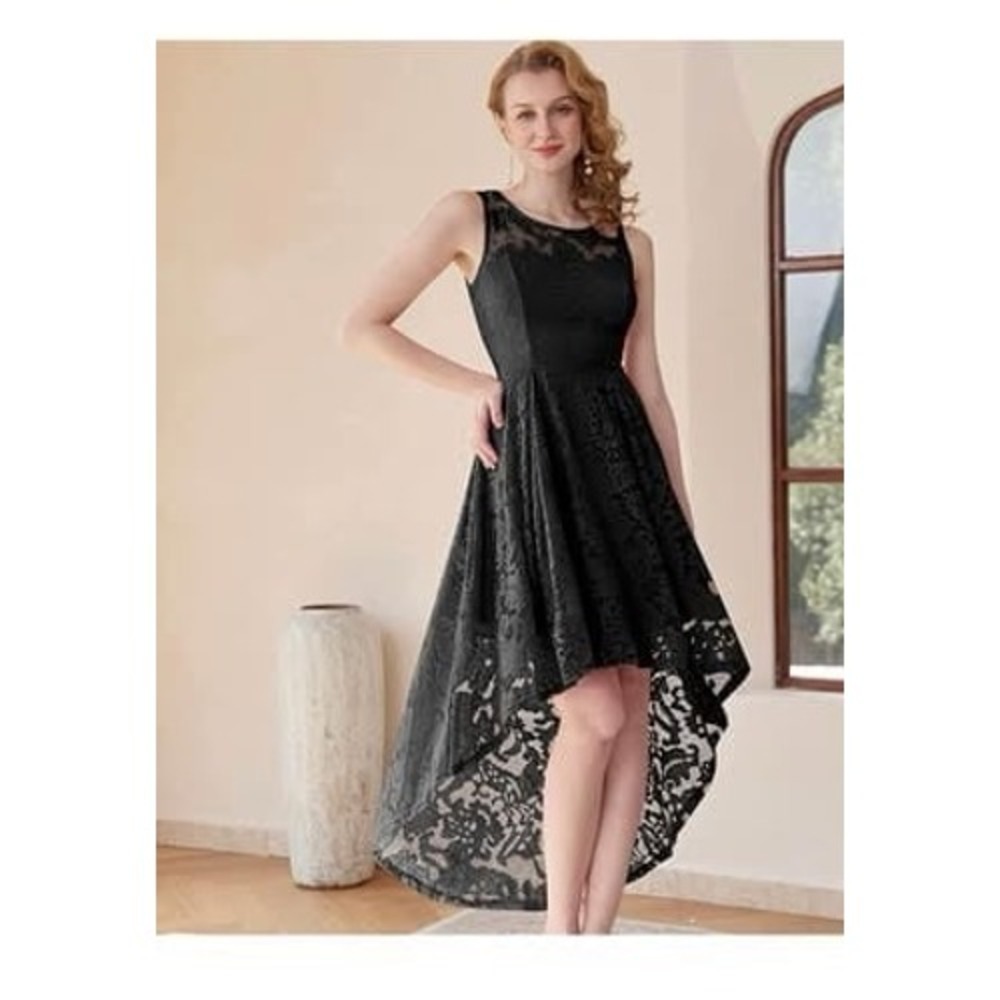 Muadress Black‎ Floral Lace High Low Cocktail Dress Sleeveless Size L